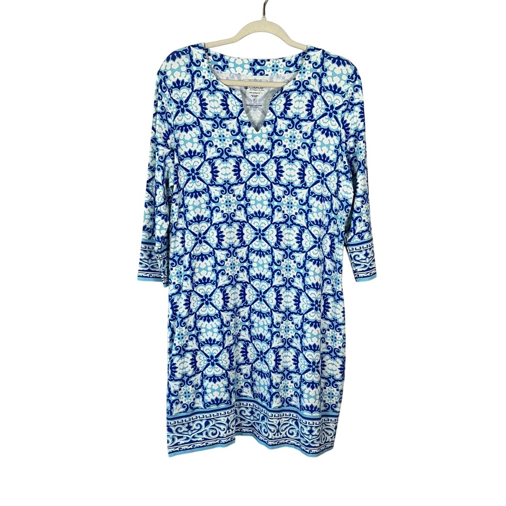 Coolibar Oceanside Tunic Dress Blue White Tile Print UPF 50+ 01401 Womens Large